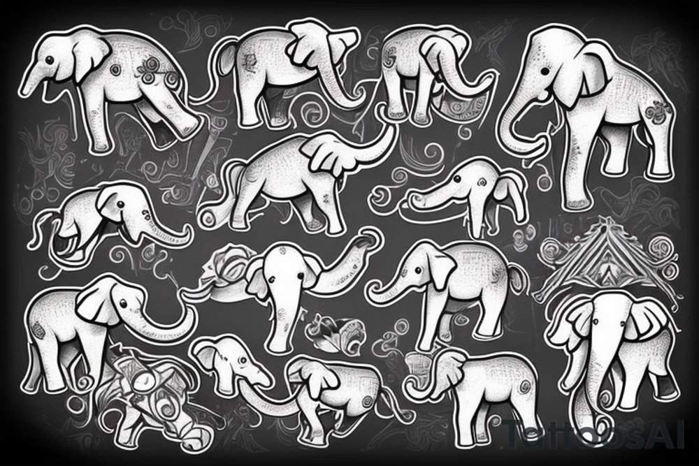 Diseño de dos elefantes con dos crías en el agua tattoo idea