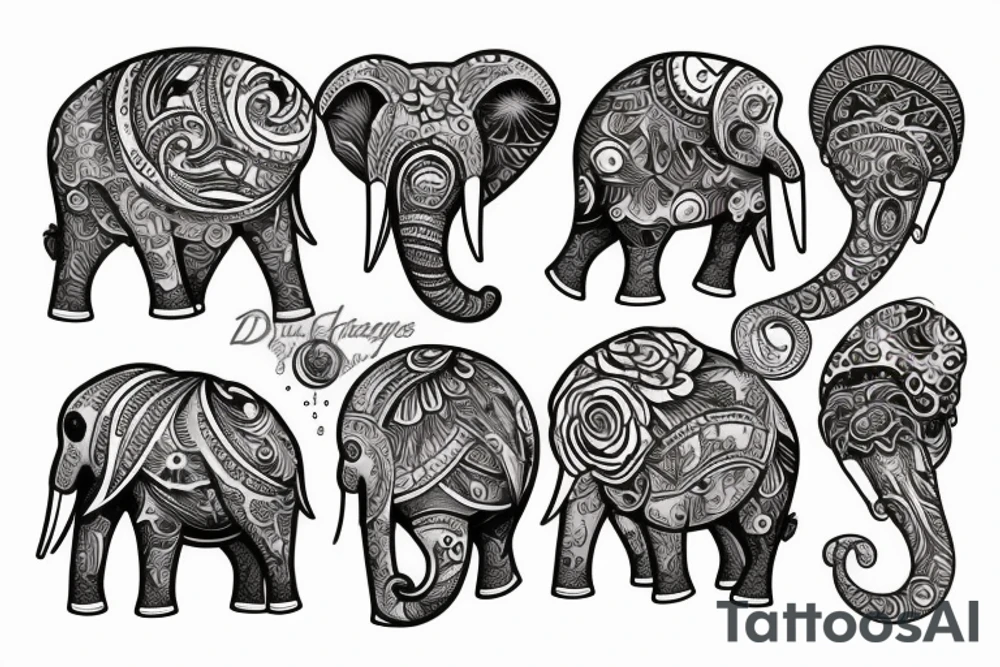 Diseño de dos elefantes con dos crías en el agua tattoo idea