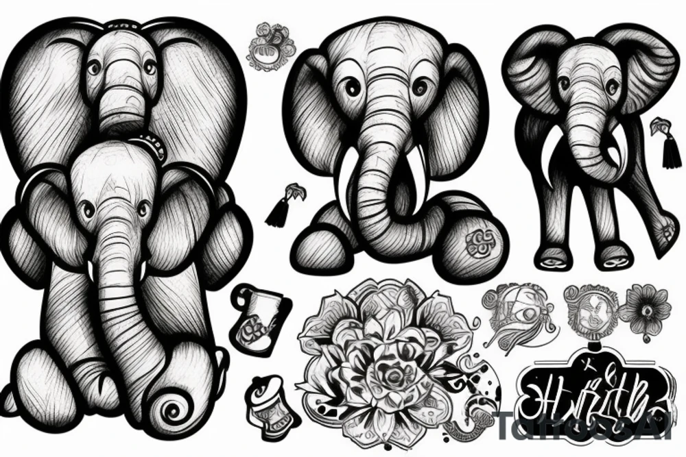 Elefante macho y hembra con dos elefantitos tattoo idea