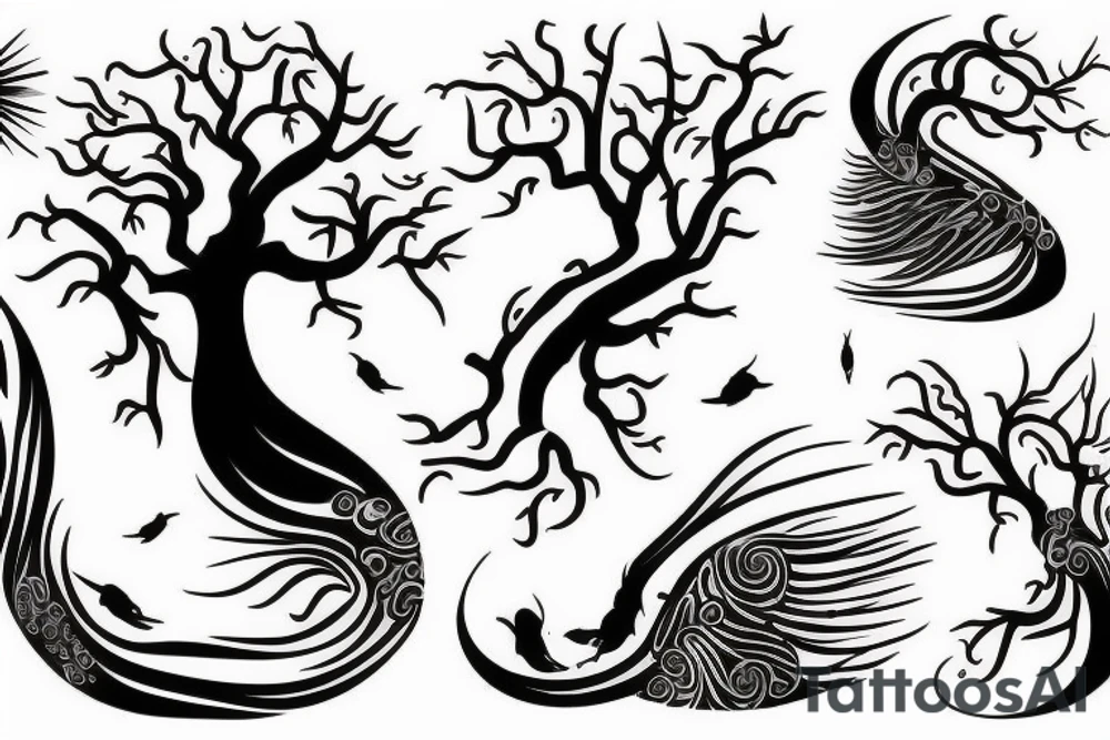 a black tree, surounded by two kois swimming up and down tattoo idea