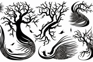 a black tree, surounded by two kois swimming up and down tattoo idea