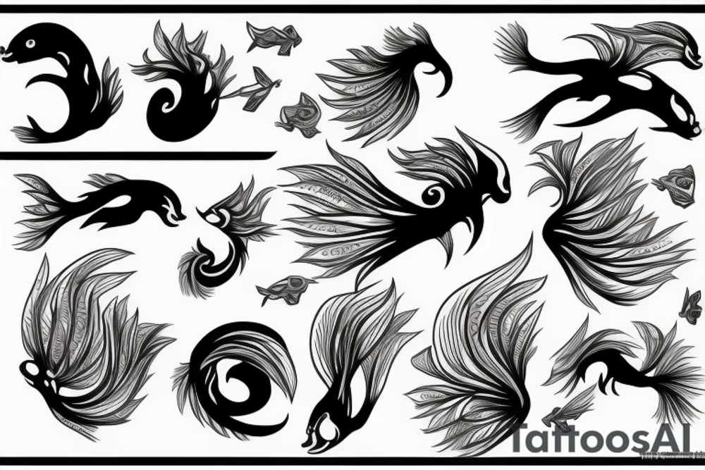 a black tree, surounded by two kois swimming up and down tattoo idea