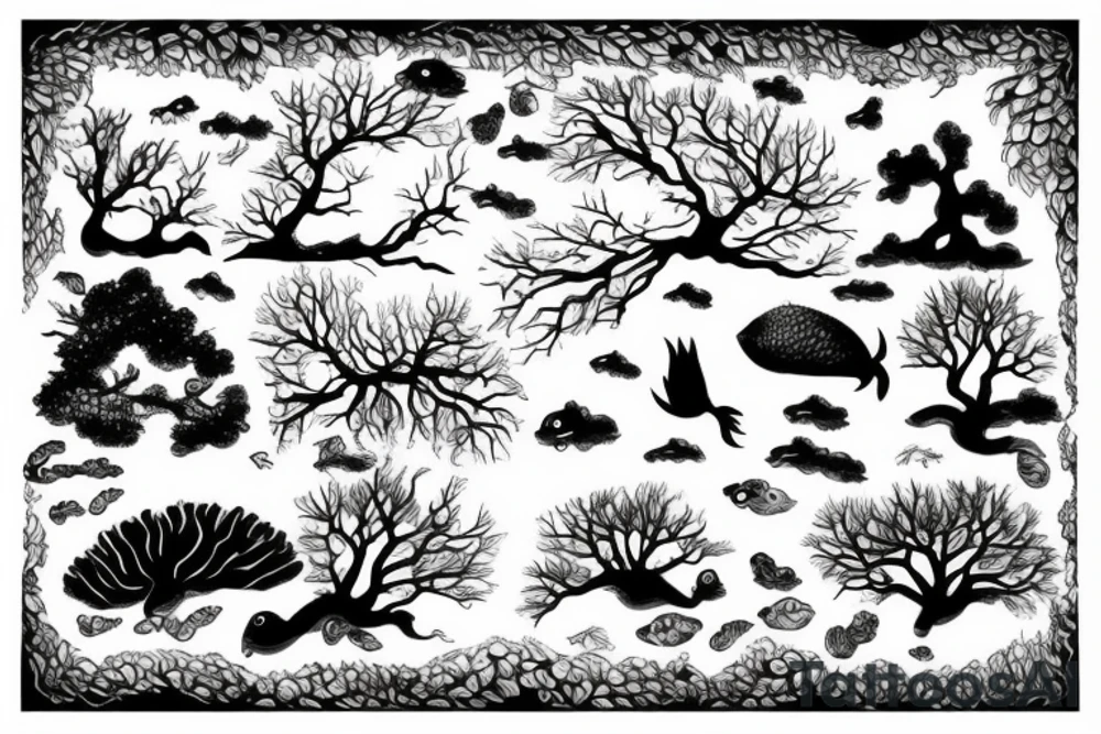 a black tree, surounded by two kois swimming up and down tattoo idea