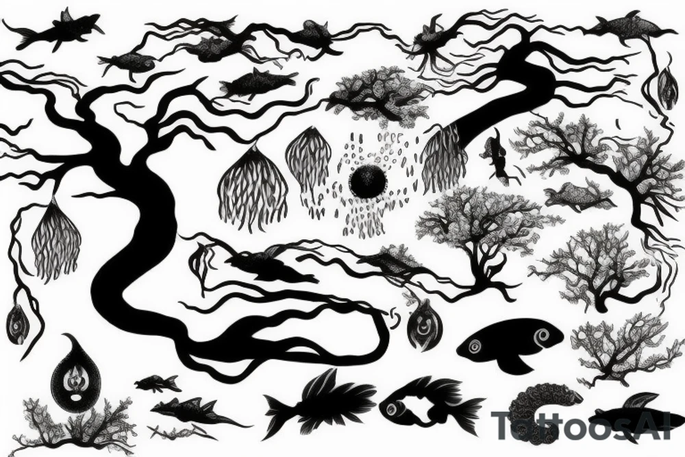 a black tree, surounded by two kois swimming up and down tattoo idea