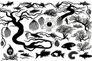 a black tree, surounded by two kois swimming up and down tattoo idea
