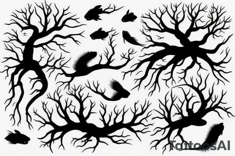 a black tree, surounded by two kois swimming up and down tattoo idea