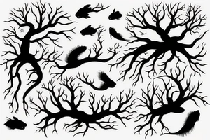 a black tree, surounded by two kois swimming up and down tattoo idea