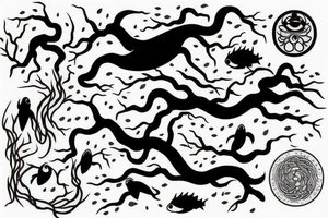 a black tree, surounded by two kois swimming up and down tattoo idea