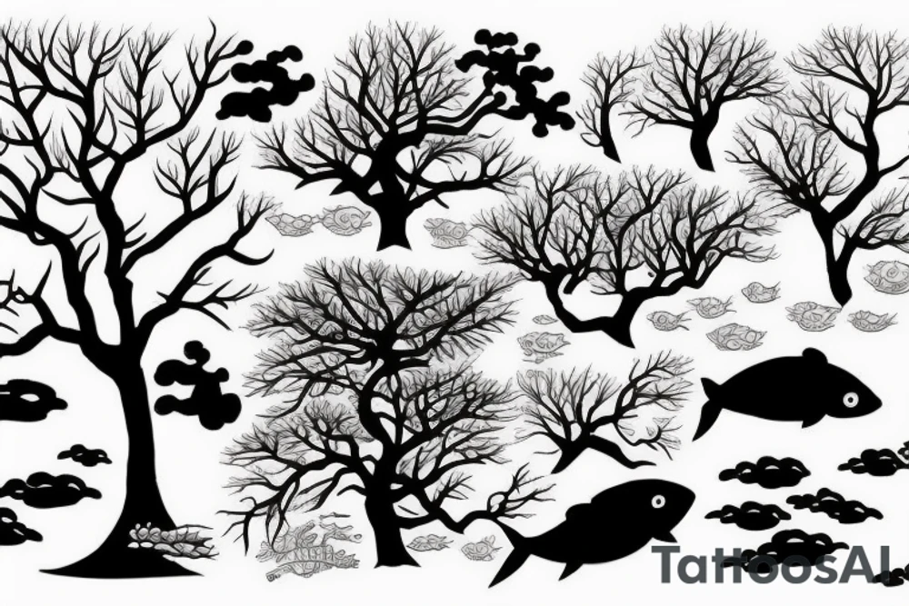 a black tree, surounded by two kois swimming up and down tattoo idea