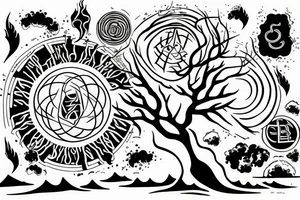 The four elements inside a tree, surrounded by energy tattoo idea
