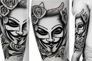 anonymous mask in bed of roses tattoo idea
