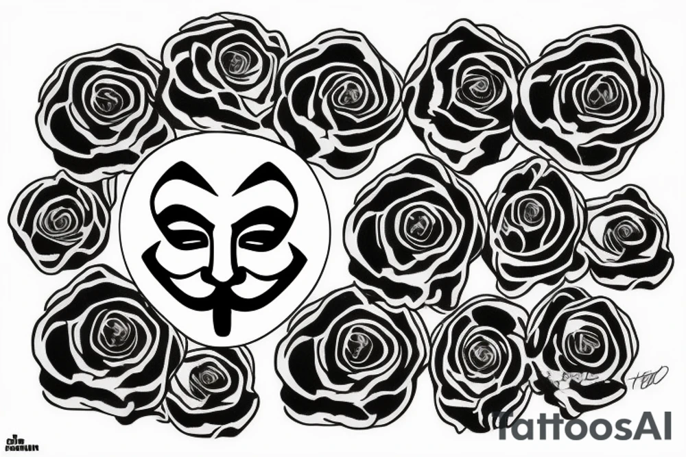 anonymous mask in bed of roses tattoo idea