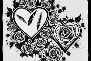 Heart with knife through it connected to roses on top of wrist connected to blown up clock with a rose on a stem above it tattoo idea