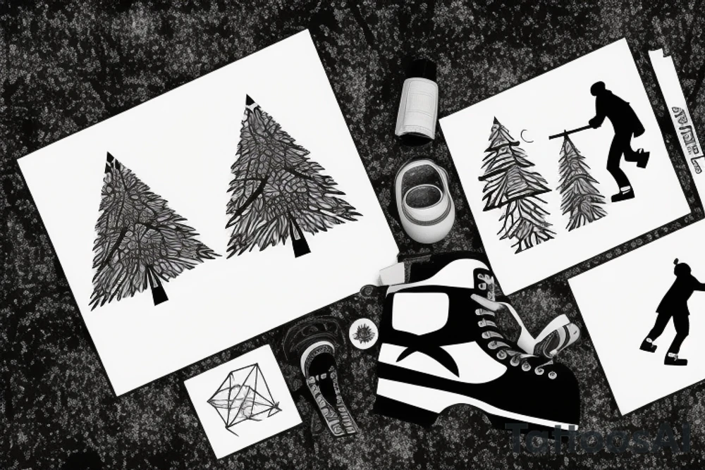 walking in a forest in the winter with a dog and hockey skates tattoo idea