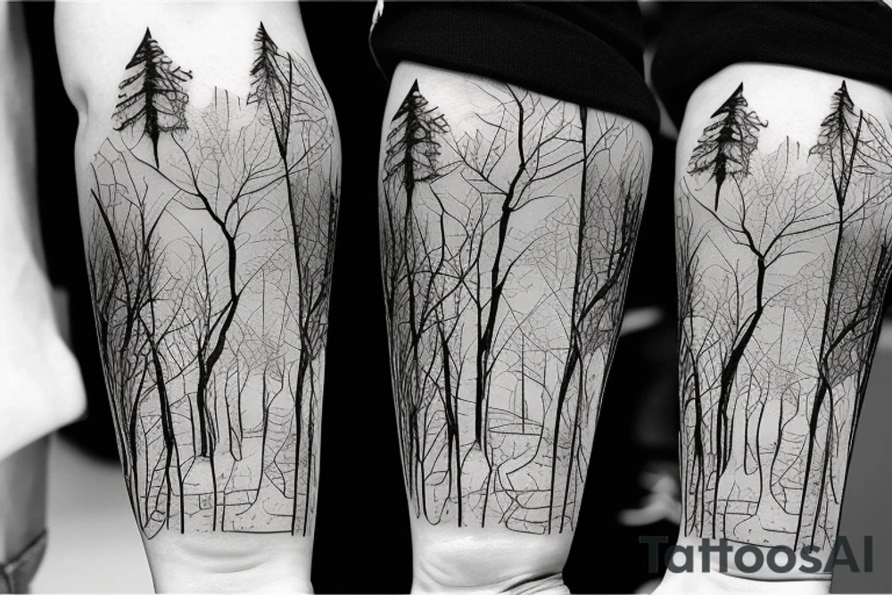 walking in a forest in the winter with a dog and hockey skates tattoo idea