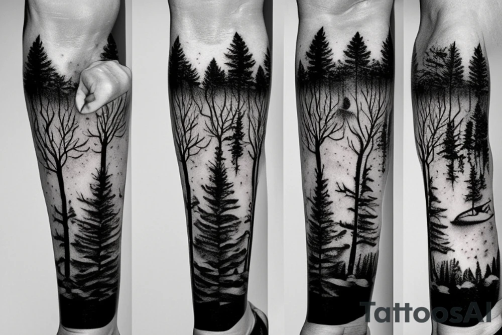 walking in a forest in the winter with a dog and hockey skates tattoo idea
