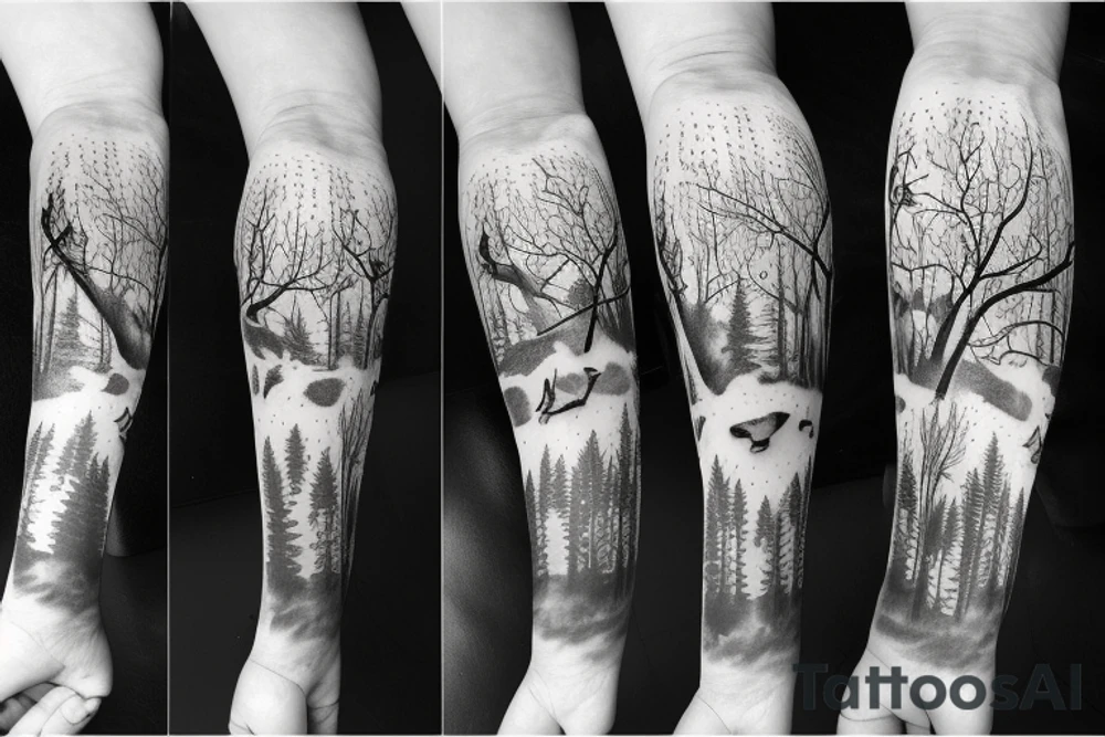 walking in a forest in the winter with a dog and hockey skates tattoo idea