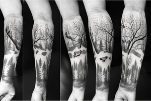 walking in a forest in the winter with a dog and hockey skates tattoo idea