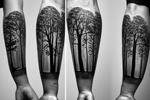 pathway in forest with trees surrounding a man with his dog tattoo idea