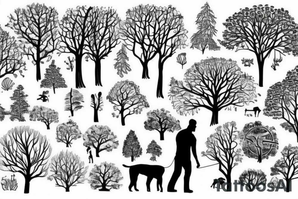 pathway in forest with trees surrounding a man with his dog tattoo idea