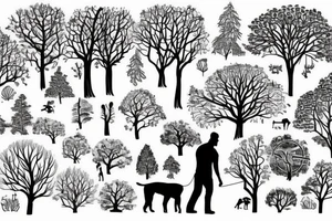 pathway in forest with trees surrounding a man with his dog tattoo idea