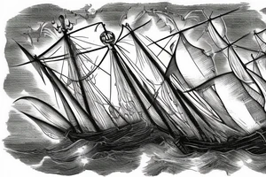 ominous ghost ship sailing in storm ominous skull in backgound tattoo idea