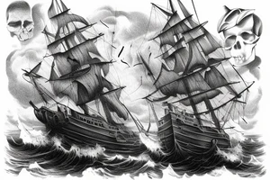 ominous ghost ship sailing in storm ominous skull in backgound tattoo idea