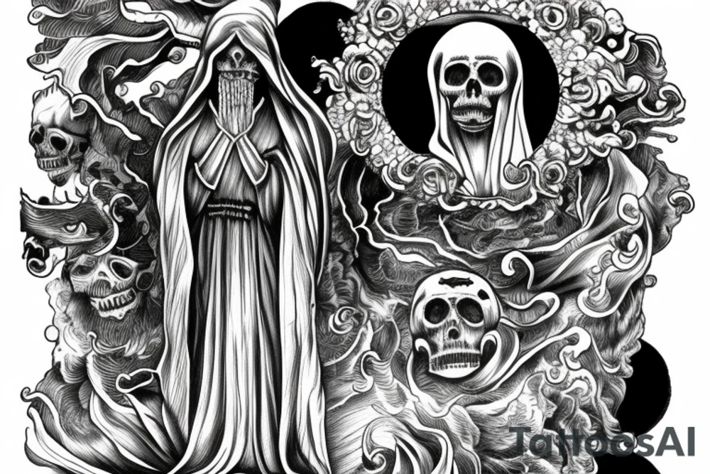 santa muerte standing in stormy sea tattoo idea