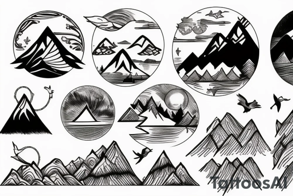Nature tattoo with Mountains, water, trees, birds and one animal tattoo idea