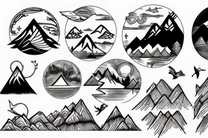 Nature tattoo with Mountains, water, trees, birds and one animal tattoo idea