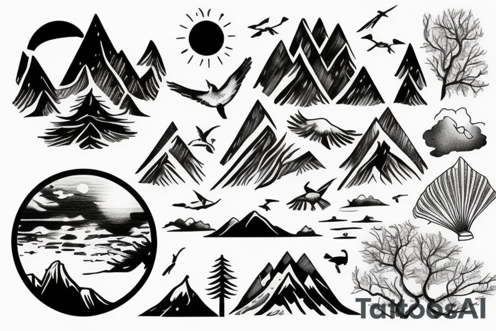 Nature tattoo with Mountains, water, trees, birds and one animal tattoo idea