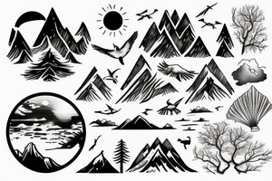 Nature tattoo with Mountains, water, trees, birds and one animal tattoo idea