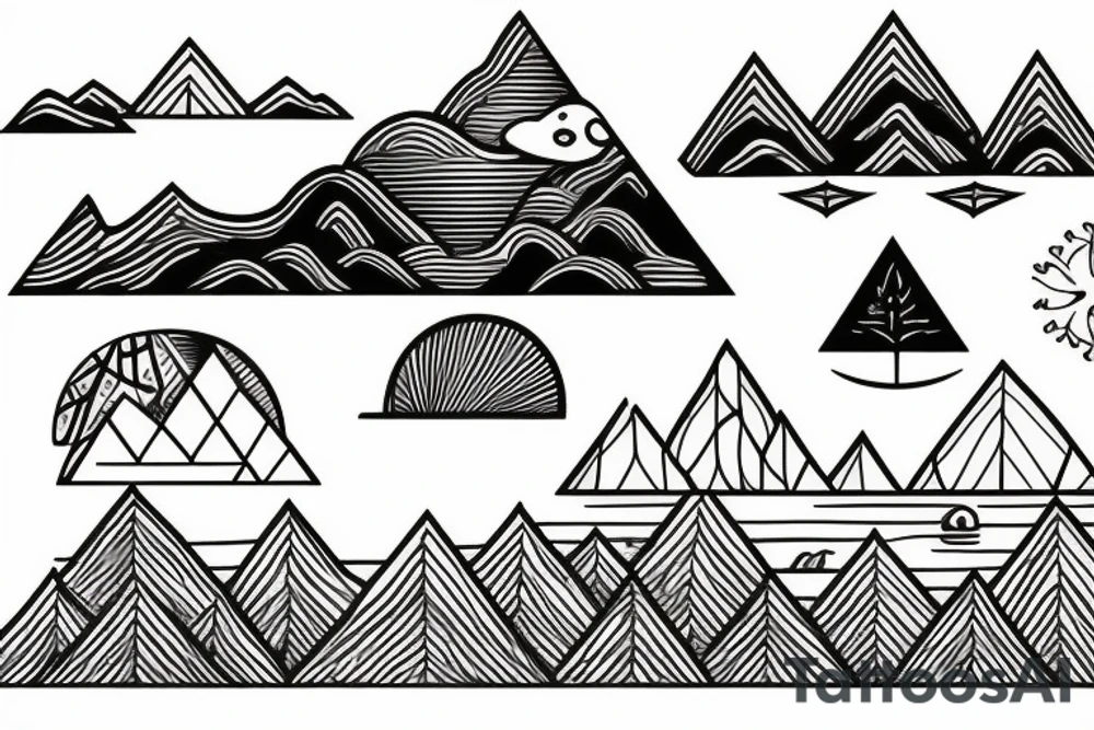 triangle Nature tattoo with Mountains, water, trees, birds and one animal tattoo idea