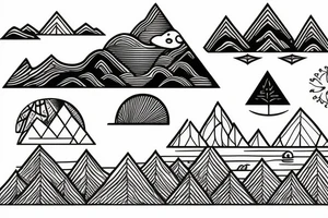 triangle Nature tattoo with Mountains, water, trees, birds and one animal tattoo idea