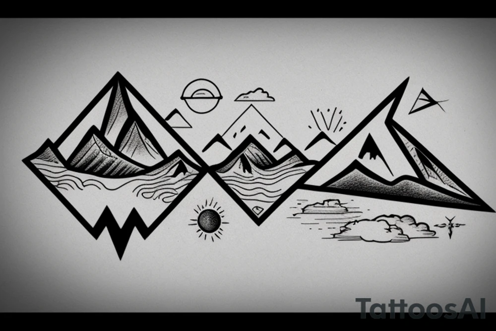triangle Nature tattoo with Mountains, water, trees, birds and one animal tattoo idea
