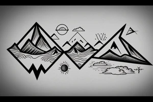 triangle Nature tattoo with Mountains, water, trees, birds and one animal tattoo idea