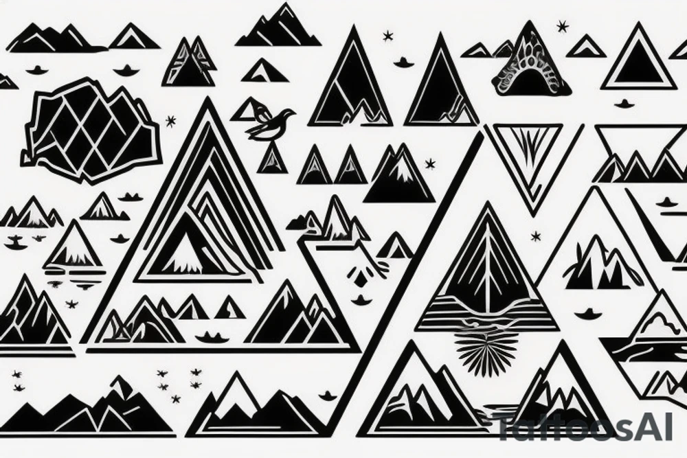 triangle Nature tattoo with Mountains, water, trees, birds and one animal tattoo idea