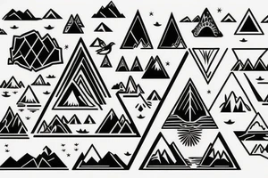 triangle Nature tattoo with Mountains, water, trees, birds and one animal tattoo idea