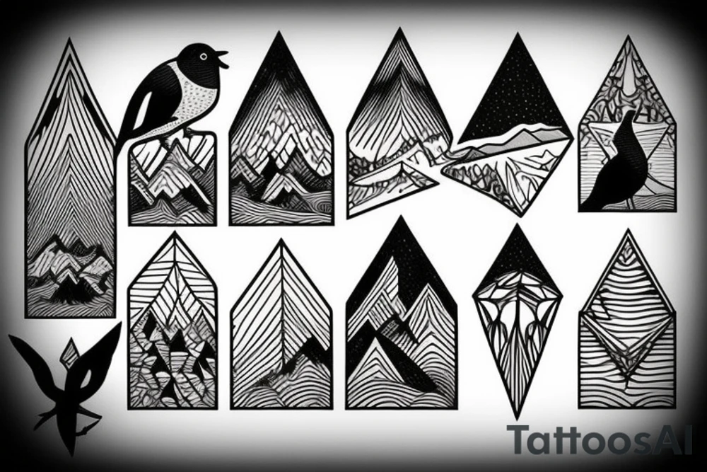 triangle Nature tattoo with Mountains, water, trees, birds and one animal tattoo idea
