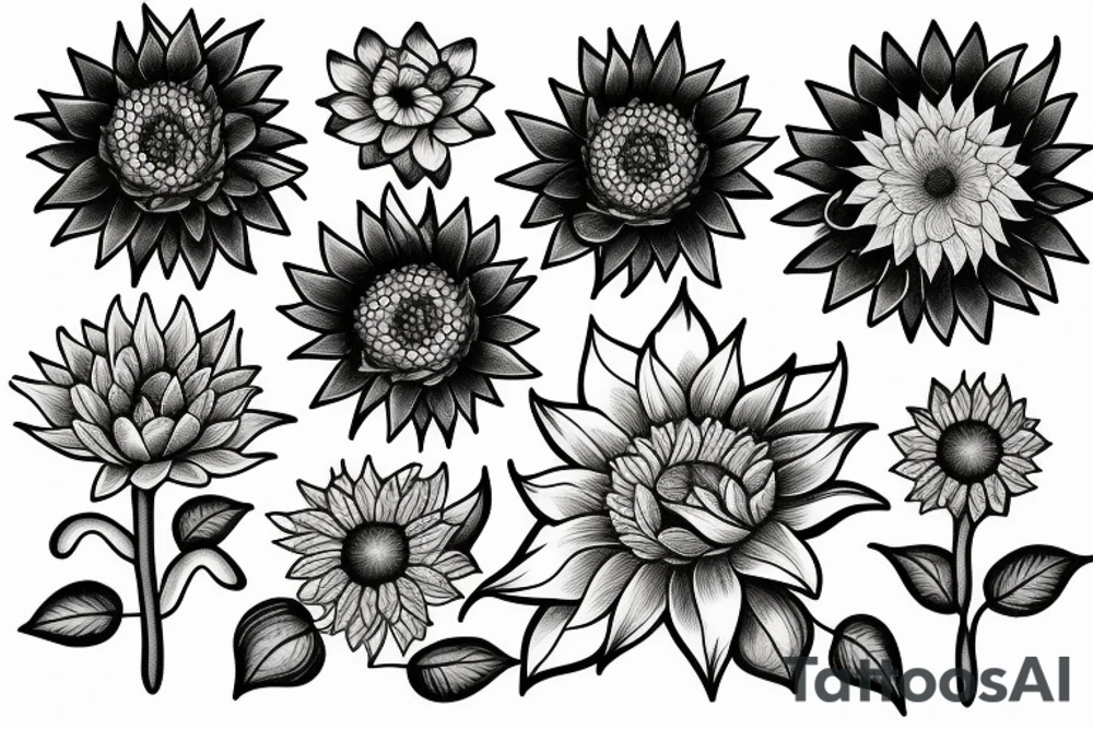 Sunflower with a rose and a water lily and a larkspur tattoo idea