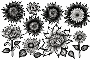 Sunflower with a rose and a water lily and a larkspur tattoo idea