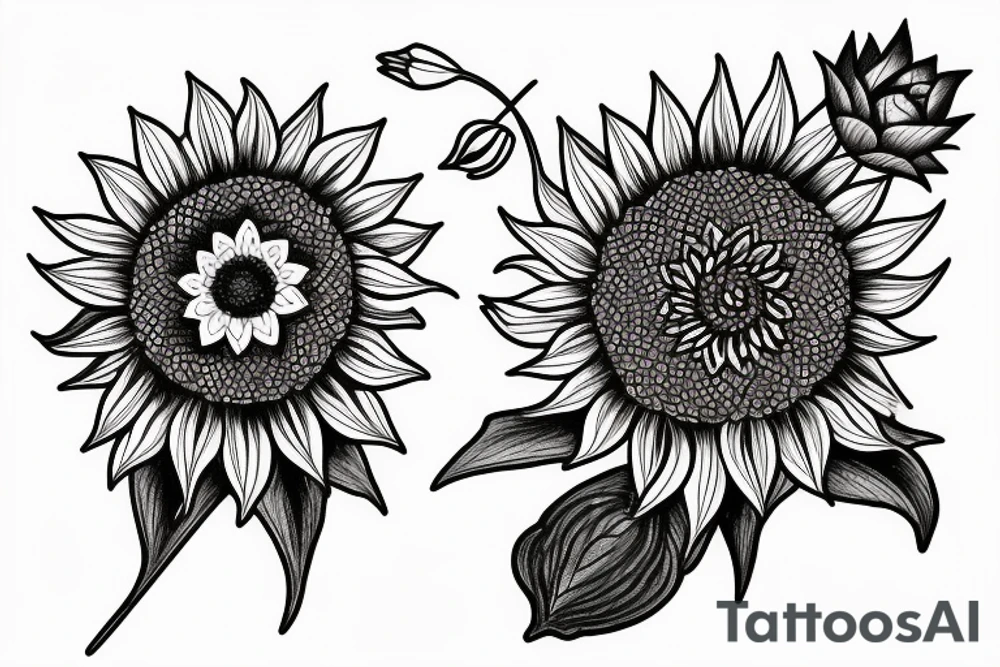 Sunflower with a rose and a water lily and a larkspur tattoo idea