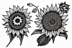 Sunflower with a rose and a water lily and a larkspur tattoo idea