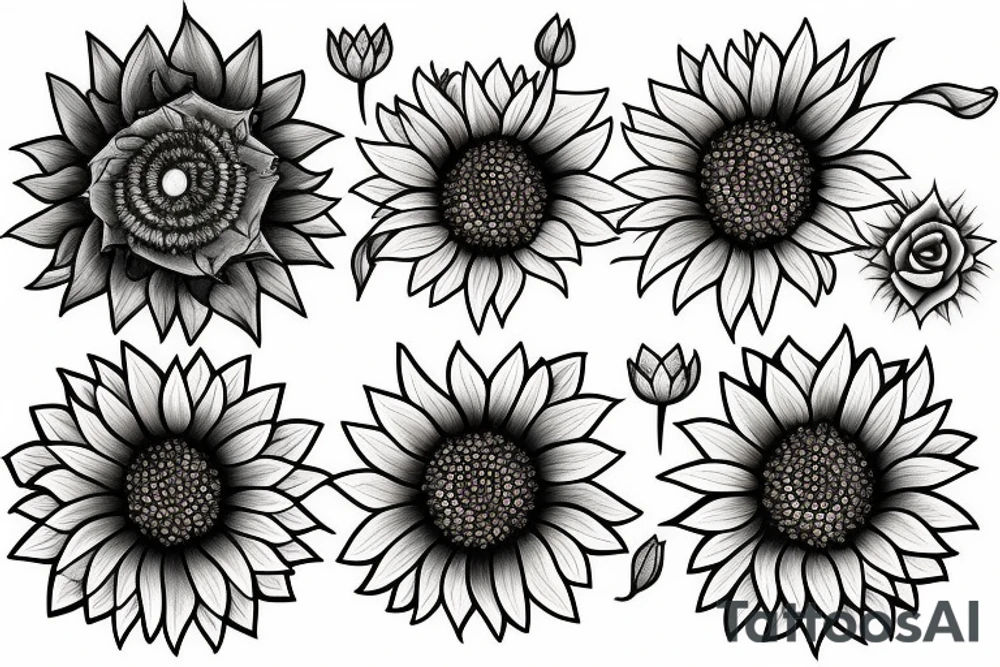 Sunflower with a rose and a water lily and a larkspur tattoo idea