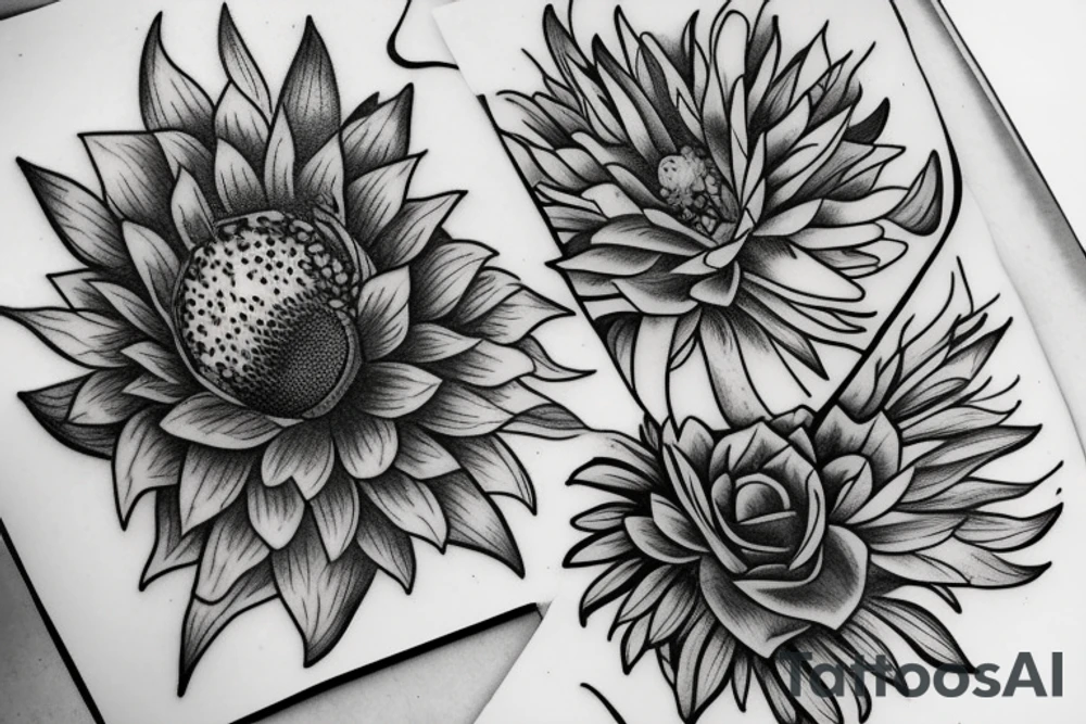 Sunflower with a rose and a water lily and a larkspur tattoo idea