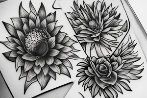 Sunflower with a rose and a water lily and a larkspur tattoo idea
