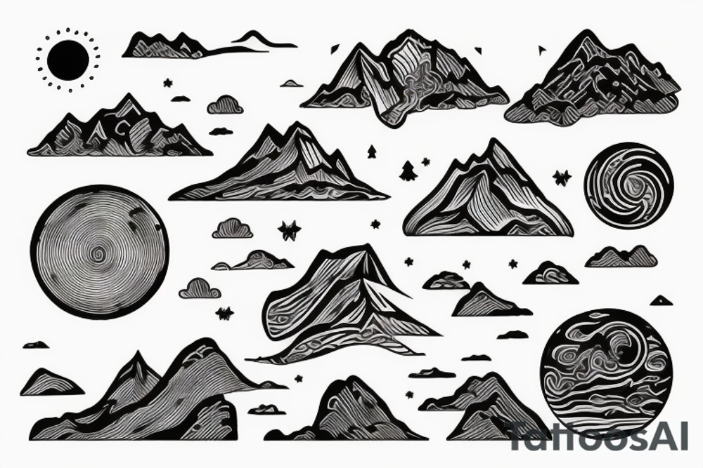 Fine line ocean mountain sun tattoo idea