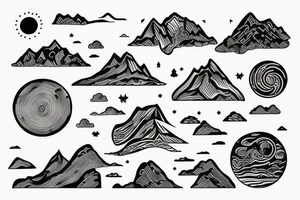 Fine line ocean mountain sun tattoo idea