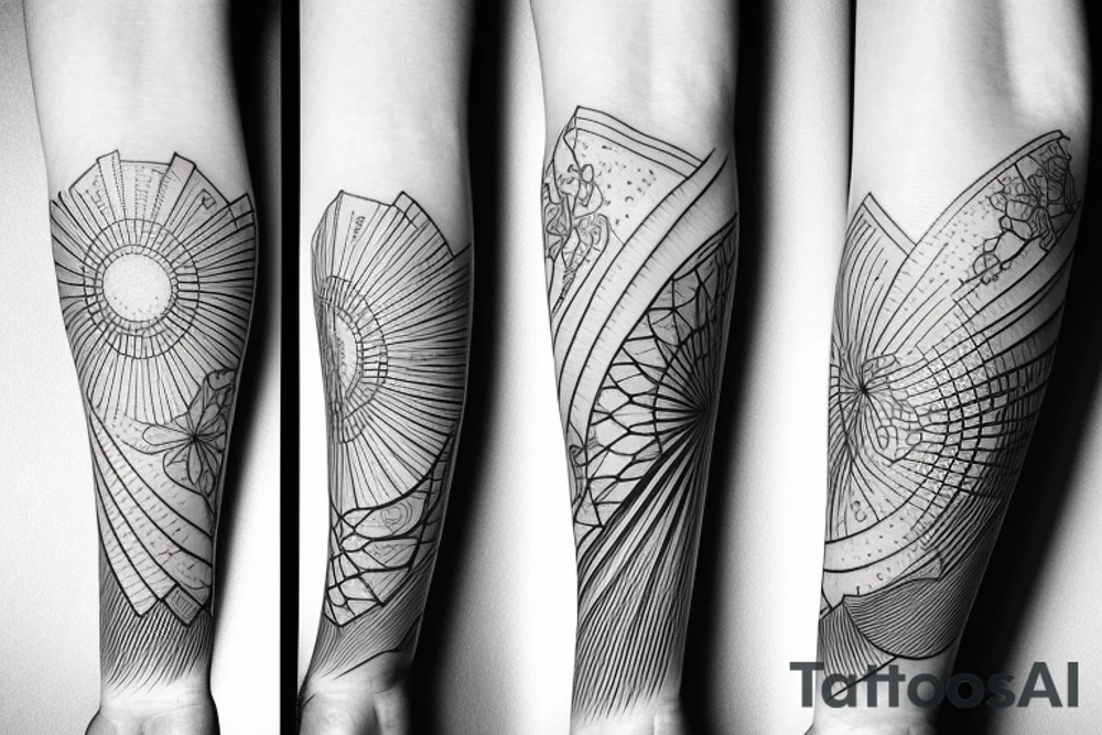 Fine line ocean mountain sun tattoo idea