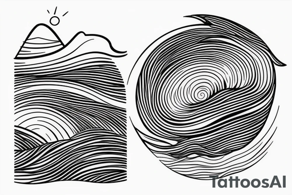 Fine line tattoo with a water wave and a mountain and the sun tattoo idea